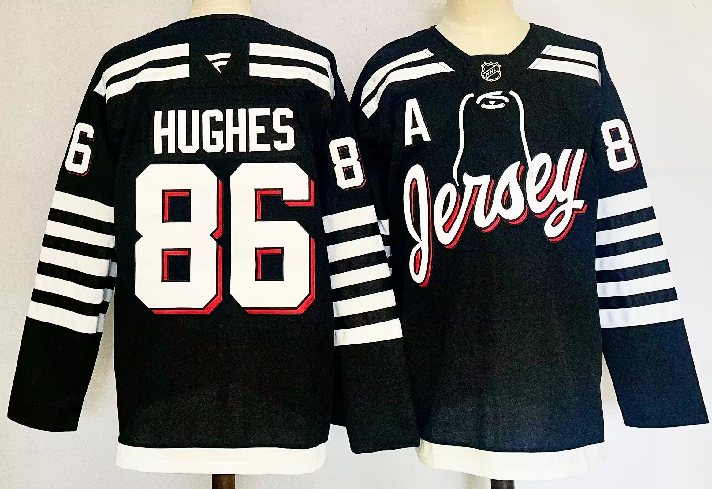 Men New Jersey Devils #86 Hughes Black 2025 Home Premier Player NHL Jersey